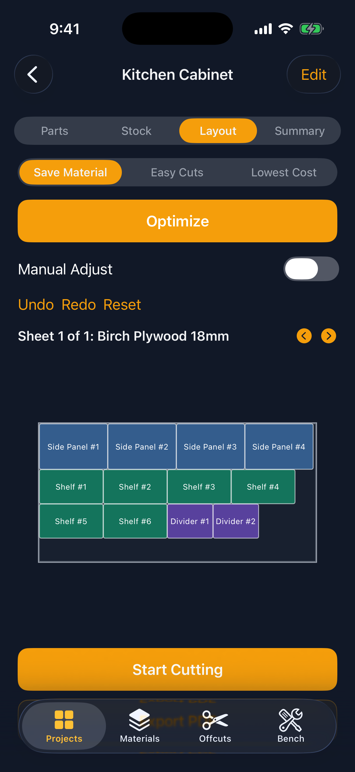 Optimized sheet layout with nested parts