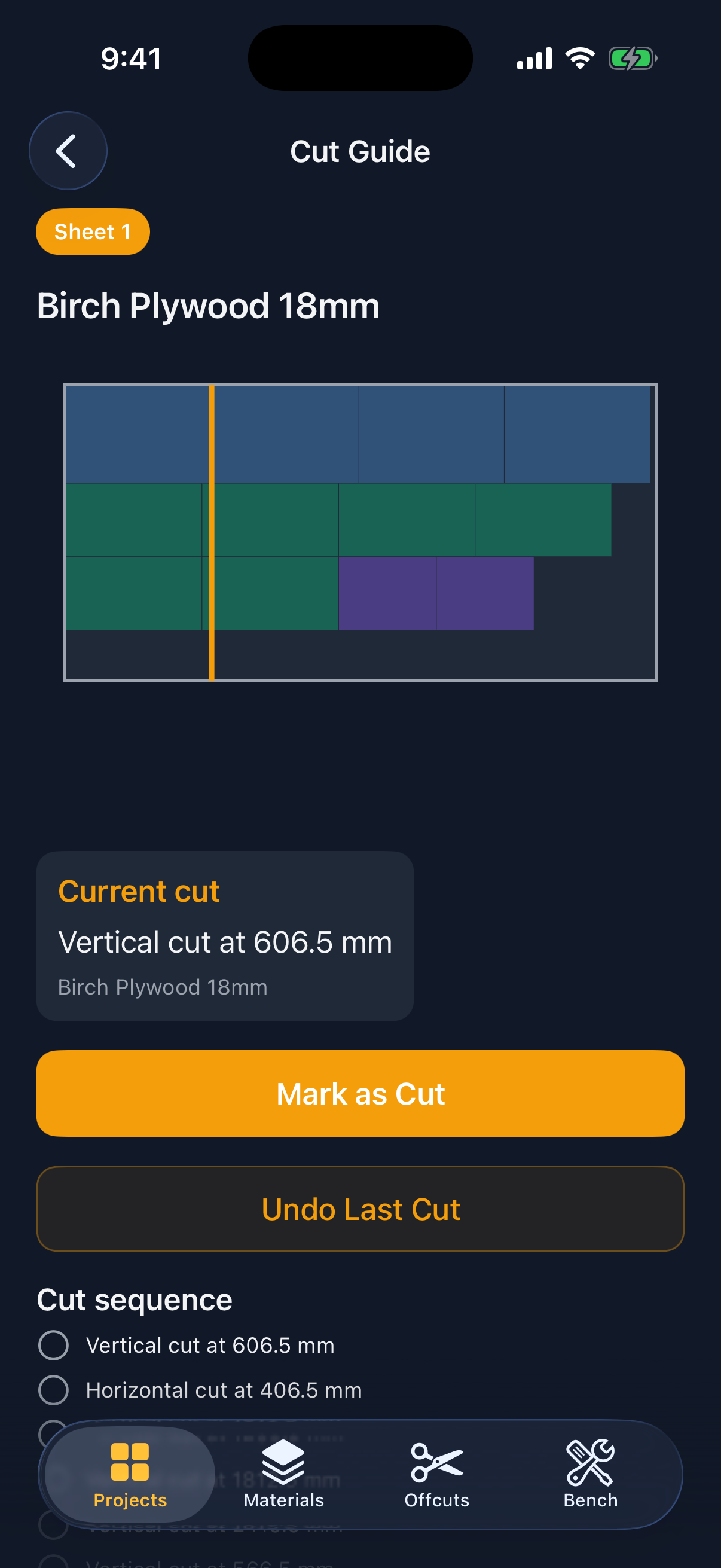 Cut guide with current cut highlight